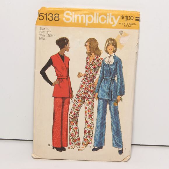 Vintage 70s Wrap tunic and pants Simplicity Pattern 5138 Size 12 CUT - Picture 1 of 2